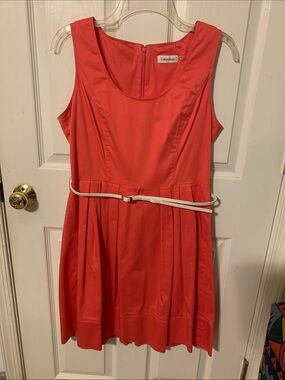 Calvin Klein Coral-Red Sleeveless Pleated Mini Dress